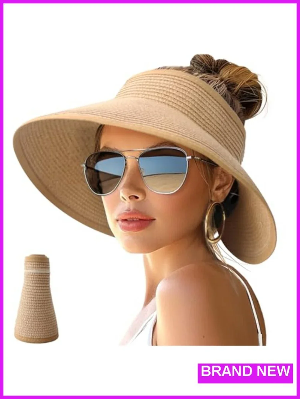 Wide Brim Roll-Up Beach Ponytail Hat Packable Foldable Travel Straw Visor